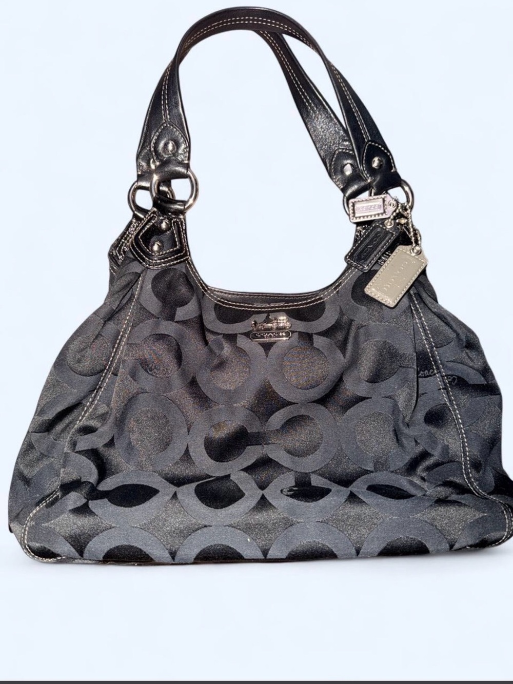 Coach Black Signature Jacquard Hobo Shoulder Bag with Leather Trim